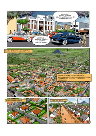 Planche de la bande dessinée « L’aventure coloniale, traces d’une histoire dérangeante à Mons »