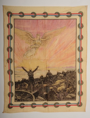 Foulard patriotique représentant l’apparition des Anges de Mons.  Collection de l’Historial de la Grande Guerre, Péronne.