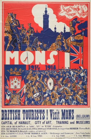 British tourists visit Mons, affiche d’Henri Léonard, 1938.  Collection du Mons Memorial Museum, Propriété de la Ville de Mons.