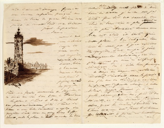 Lettre à Adèle (sa femme), 18 aout 1837, visuel : en arrière plan le beffroi de Mons © BNF (Paris)