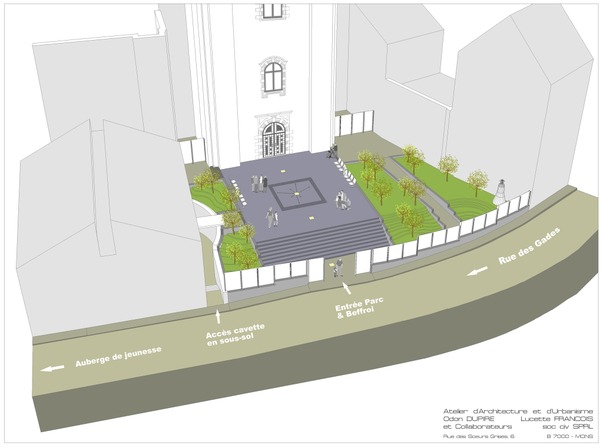 Vue axonométrique du parc à la réouverture du beffroi à l’horizon 2015, rue des Gades